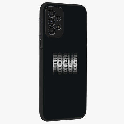 Focus Mode On Glass Case upright view showcasing strong typography statement with sleek motivational theme.