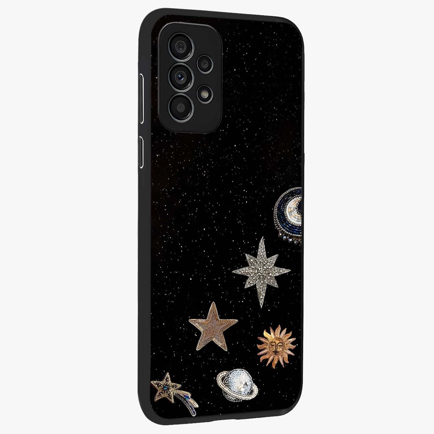 Galactic Charm Glow Glass Case upright view showcasing glowing cosmic charm artwork with magical celestial style.
