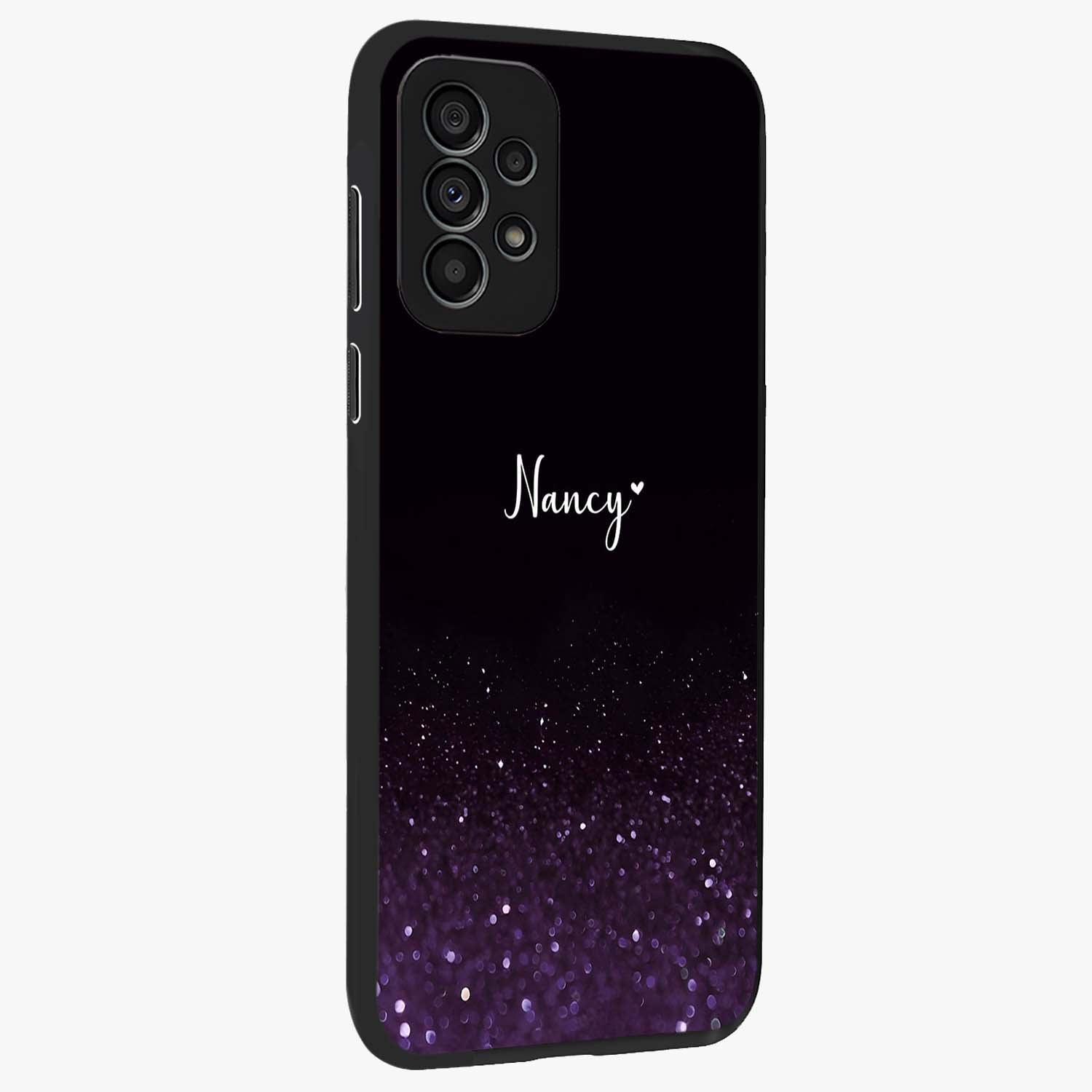 Glittery Purple Bokeh Custom Name Glass Case upright view showcasing vibrant purple sparkle artwork with personalized aesthetic style.