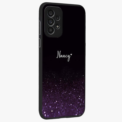 Glittery Purple Bokeh Custom Name Glass Case upright view showcasing vibrant purple sparkle artwork with personalized aesthetic style.