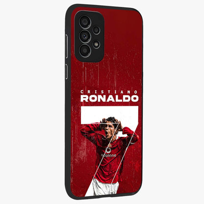 Goal Celebration Legacy Glass Case upright view showcasing dynamic football inspired artwork with victory celebration aesthetic.