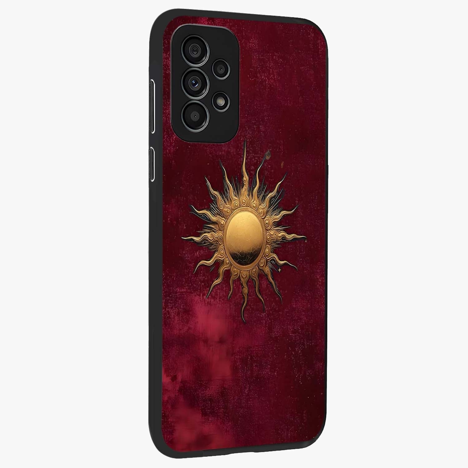 Golden Sun Minimalism Glass Case upright view showcasing simple golden sun artwork with elegant minimalist style.