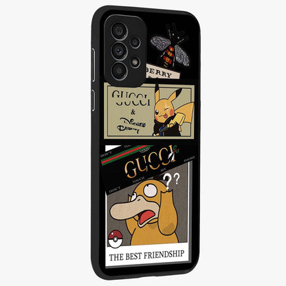 Gucci Play Mashup Glass Case upright view showcasing trendy luxury inspired artwork with modern fashion theme.