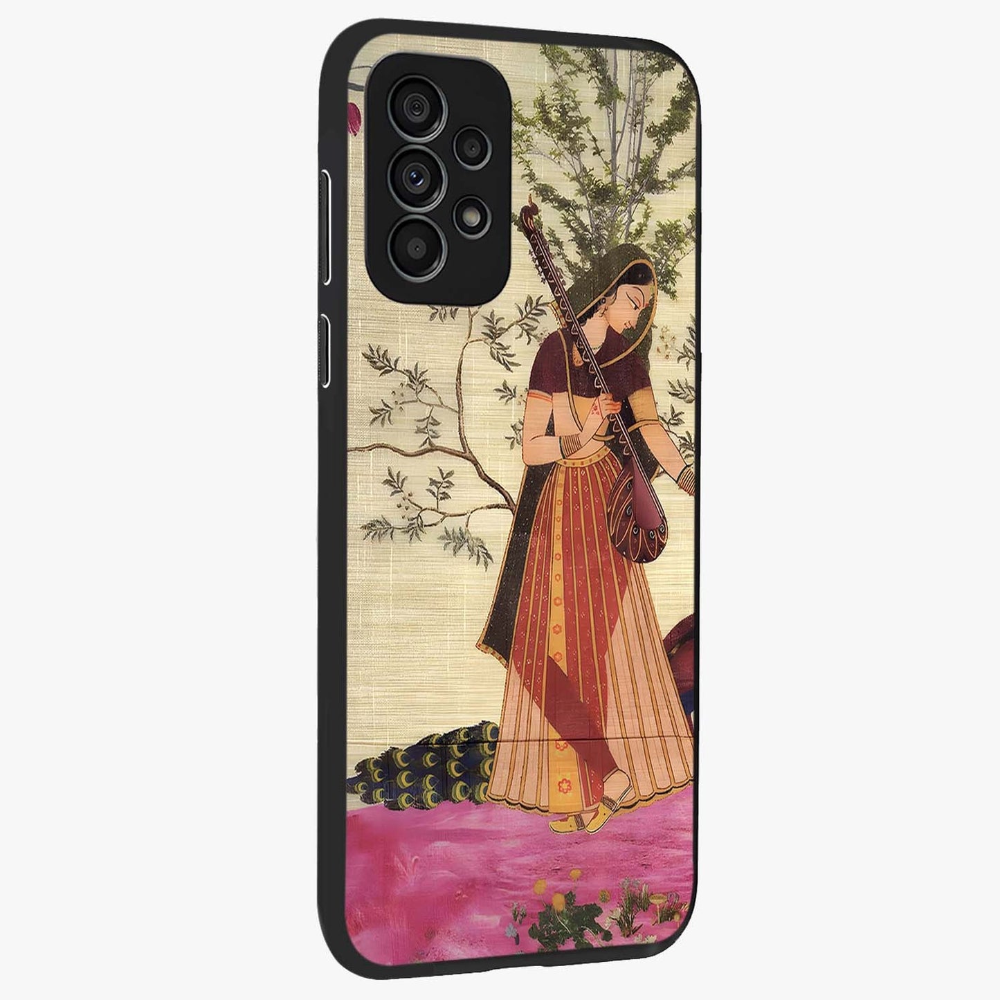 Lady With Veena Art Glass Case upright view showcasing classical veena artwork with traditional artistic theme.
