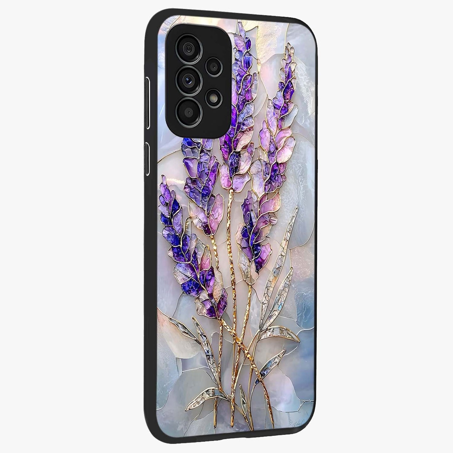 Lavender Dream Glow Glass Case upright view showcasing radiant lavender glow artwork with calming dreamy theme.