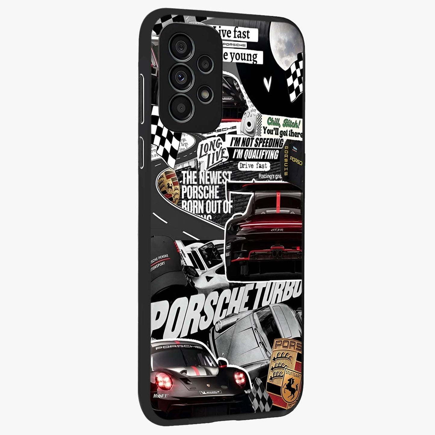Porsche Racing Collage Glass Case upright view showcasing energetic car collage artwork with high speed racing theme.