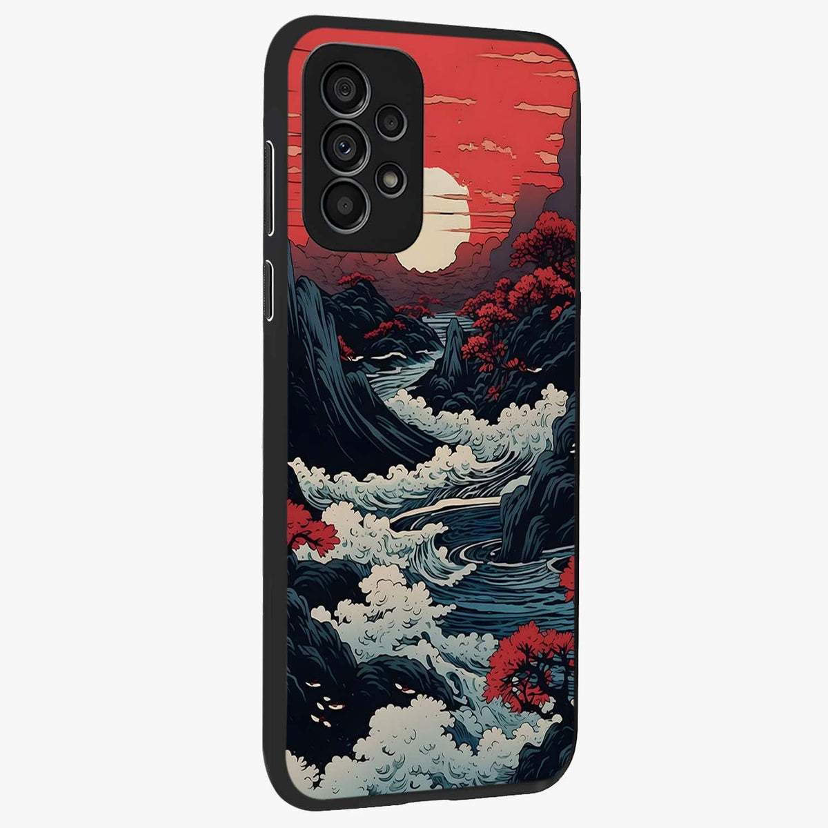 Red Sunset Scenery Glass Case upright view showcasing dramatic sunset scenery artwork with warm nature theme.