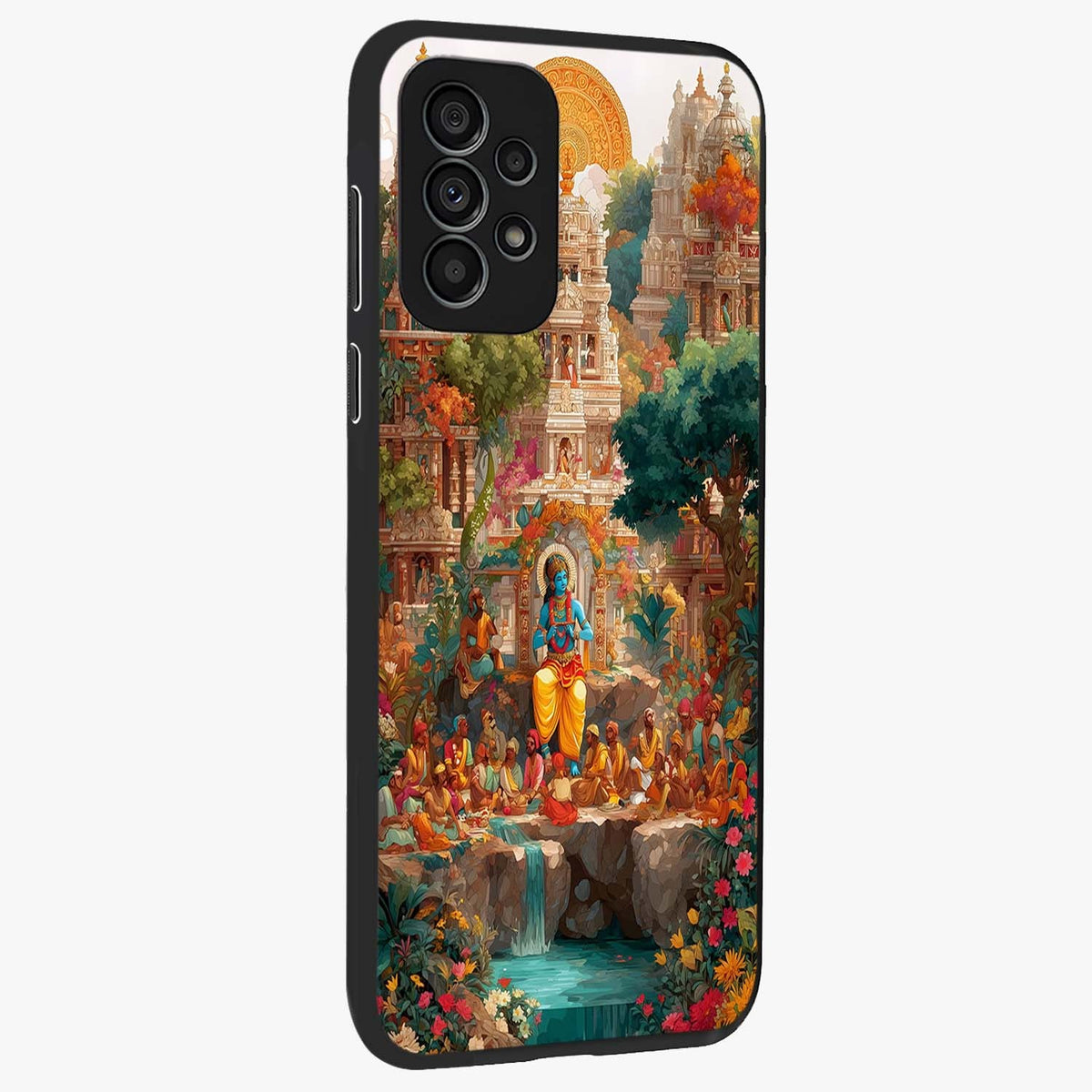 Sacred Sunlight Gods Glass Case upright view showcasing glowing divine artwork with sacred mythological theme.
