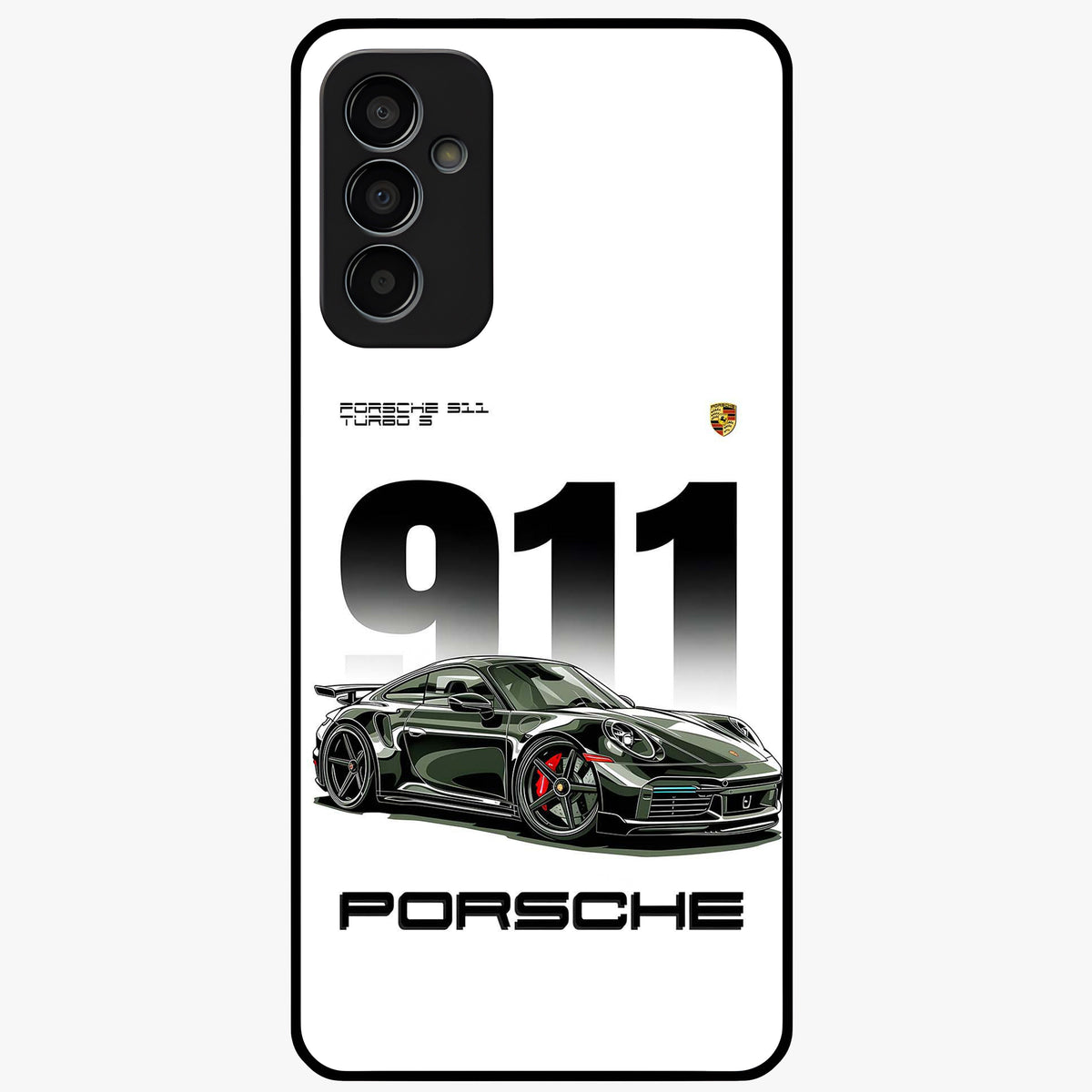 911 Turbo Dominance Glass Case showing clean flat back view with bold 911 sports car artwork and glossy glass finish.
