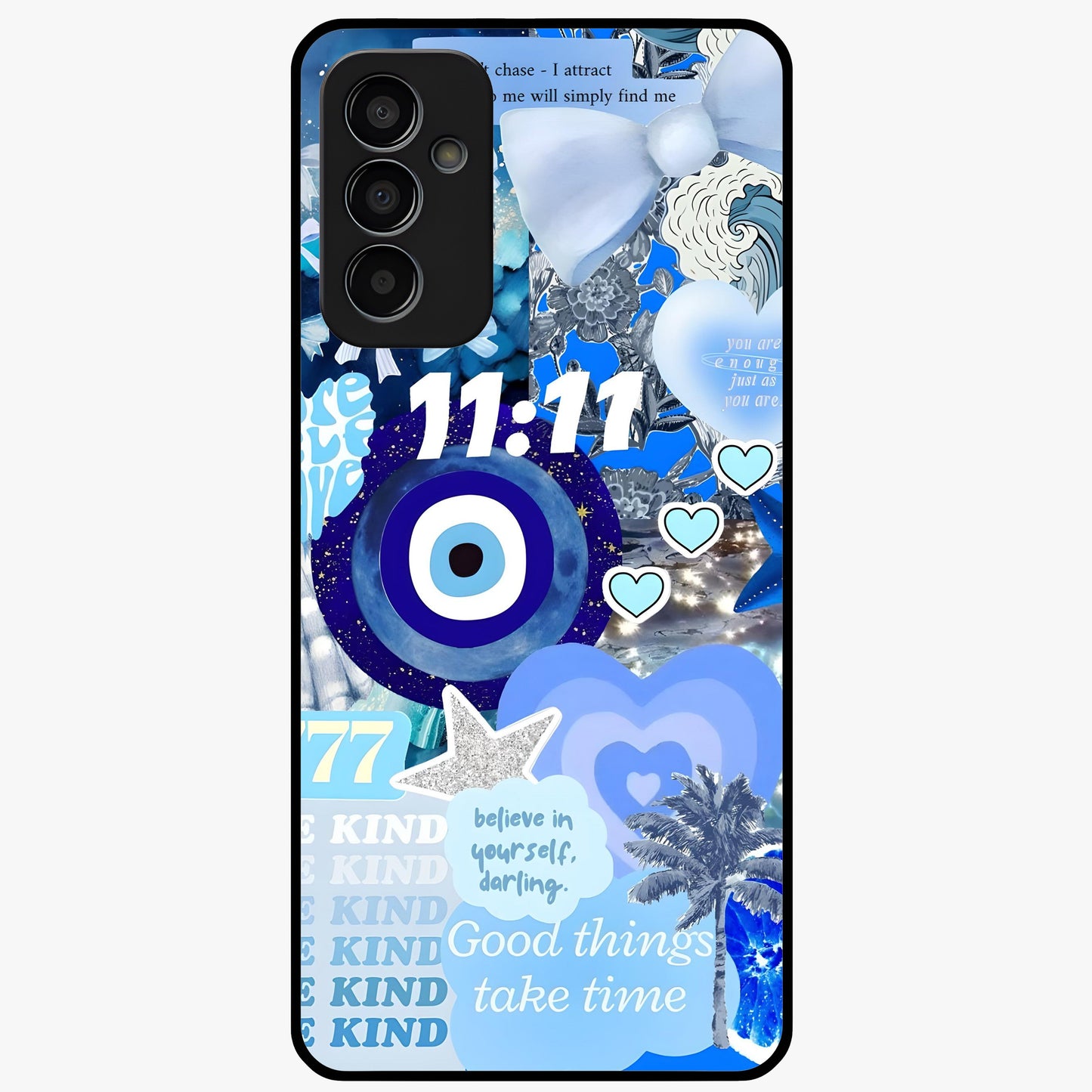 Aesthetic Be Kind Eye Glass Case showing flat back view with motivational eye artwork and glossy glass finish.