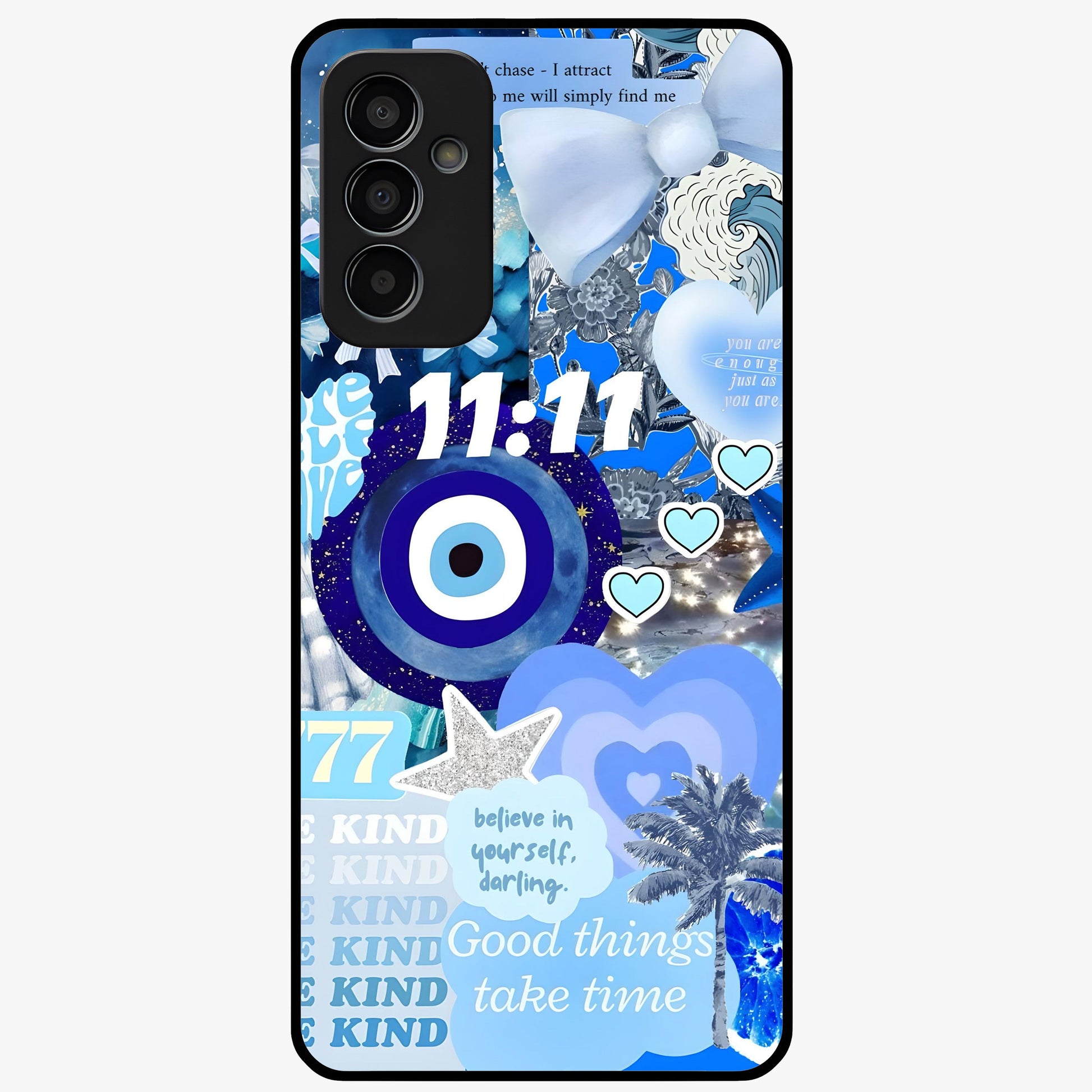 Aesthetic Be Kind Eye Glass Case showing flat back view with motivational eye artwork and glossy glass finish.