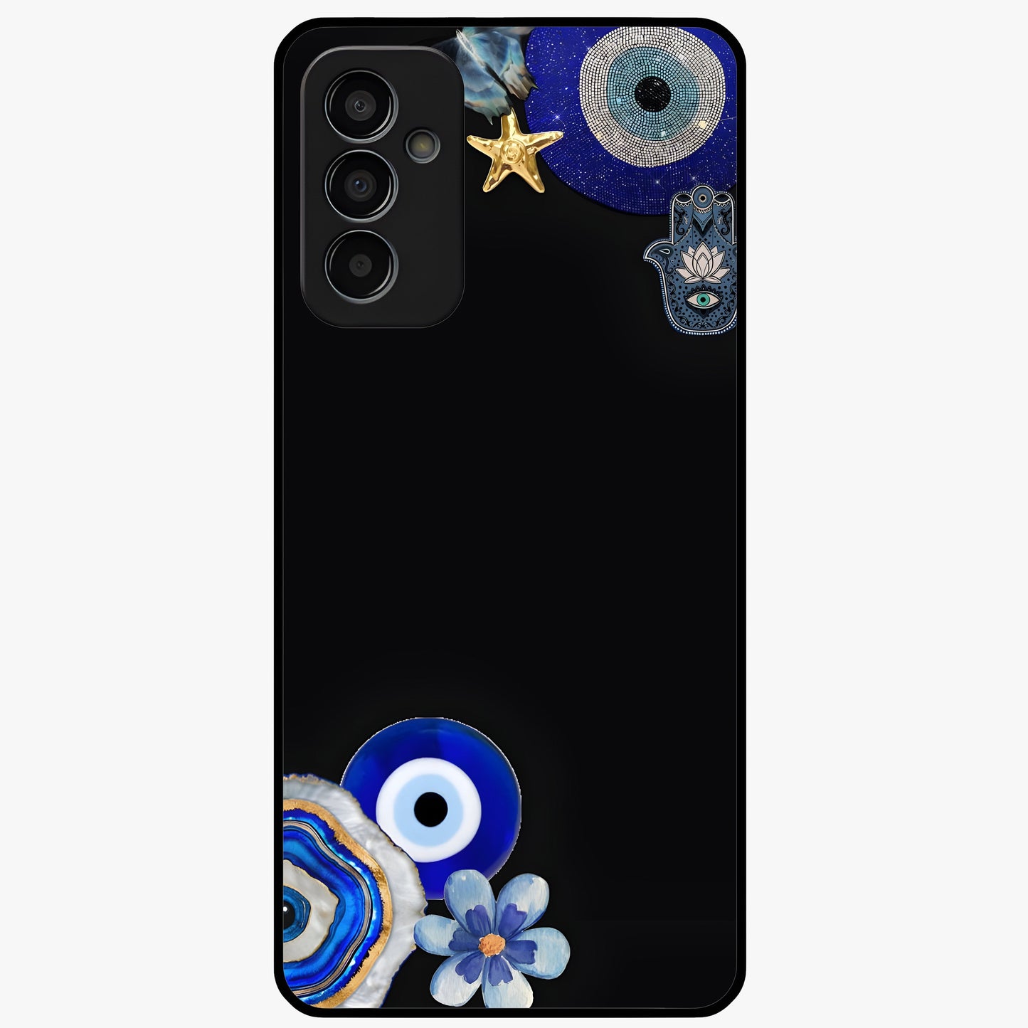 Aesthetic Blue Evil Eye Glass Case showing flat back view with protective evil eye artwork and glossy glass finish.