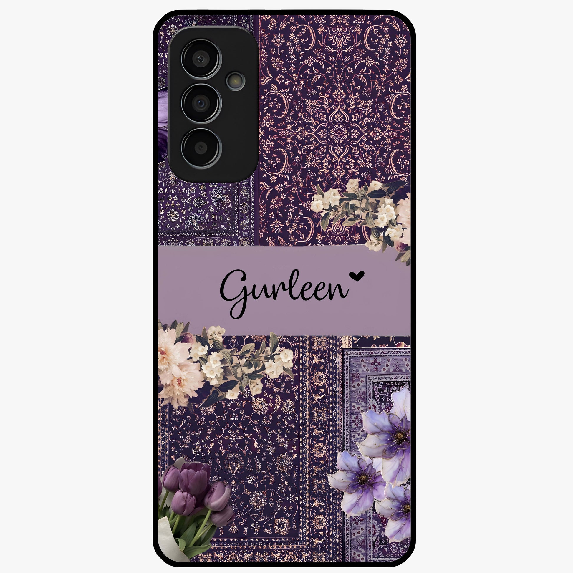 Antique Floral Whisper Custom Name Glass Case showing flat back view with vintage floral artwork and personalized name design.