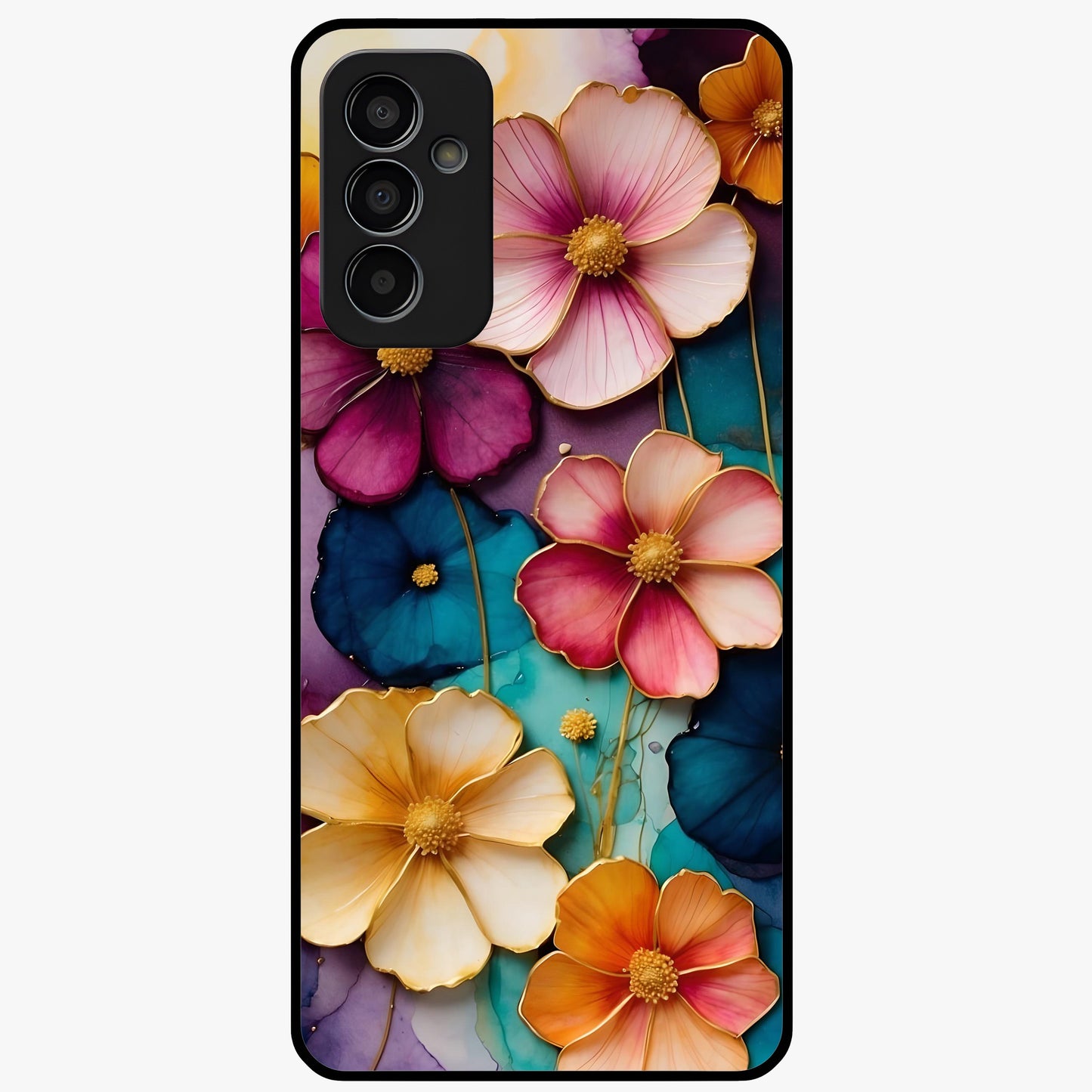 Artlyn Grace Flower Pattern Glass Case showing flat back view with elegant floral pattern artwork and glossy glass finish.