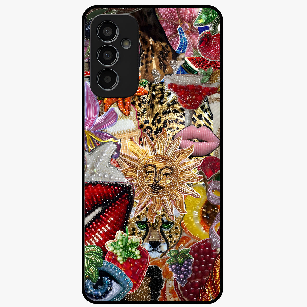 Beaded Fashion Jungle Glass Case showing flat back view with vibrant jungle inspired bead artwork and glossy glass finish.