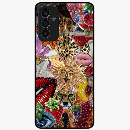Beaded Fashion Jungle Glass Case showing flat back view with vibrant jungle inspired bead artwork and glossy glass finish.