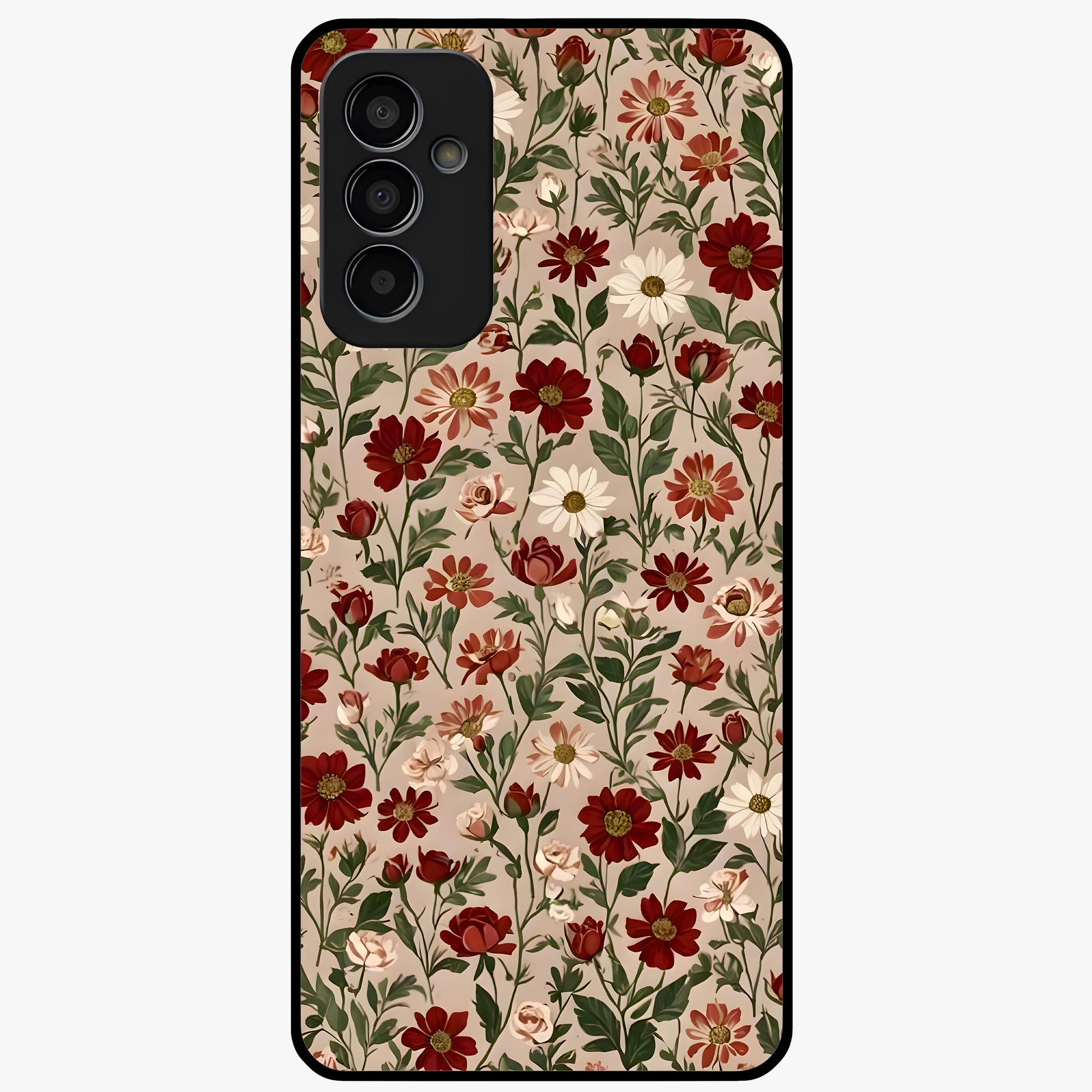 Biege Flower With Leaf Glass Case showing flat back view with soft beige floral artwork and glossy glass finish.