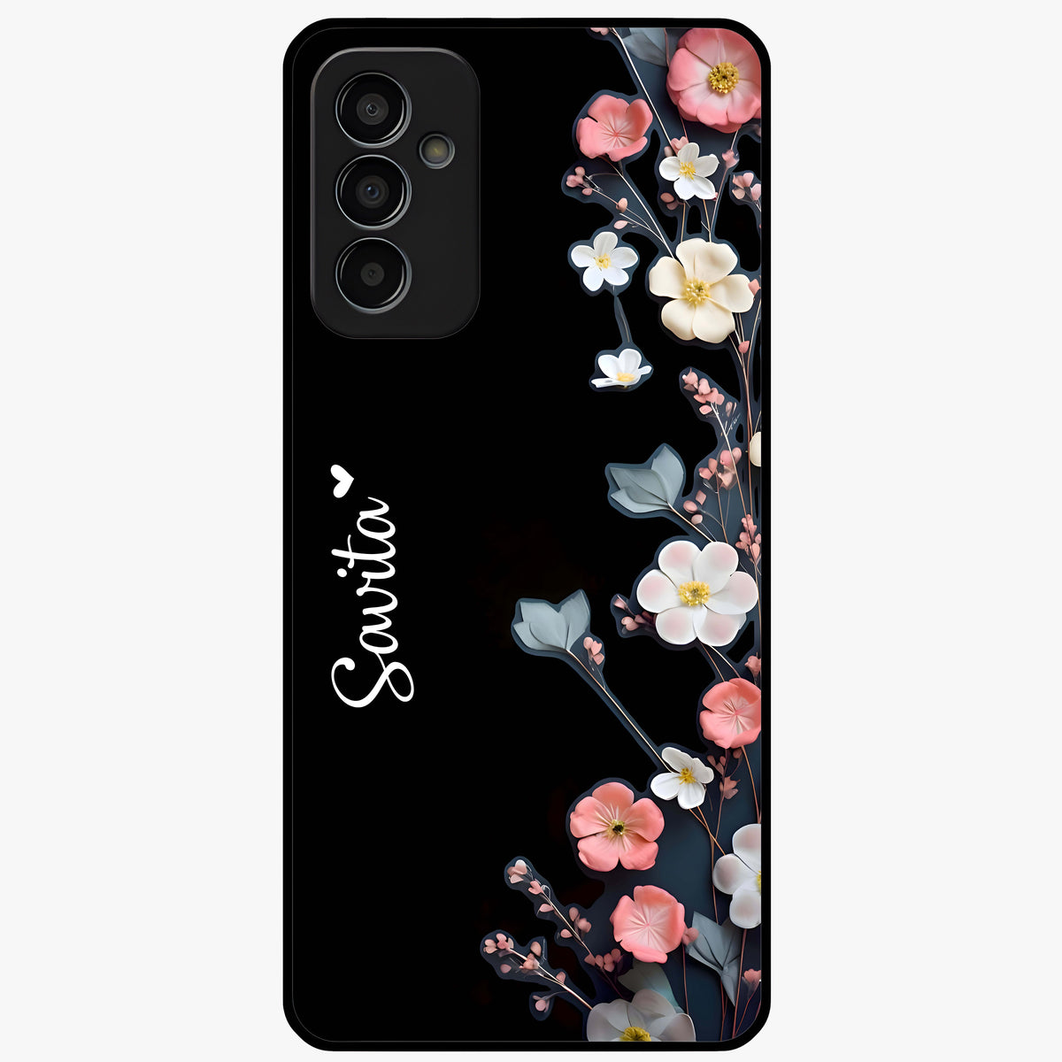 Black Elegance Floral Custom Name Glass Case showing flat back view with elegant floral artwork and personalized name design.
