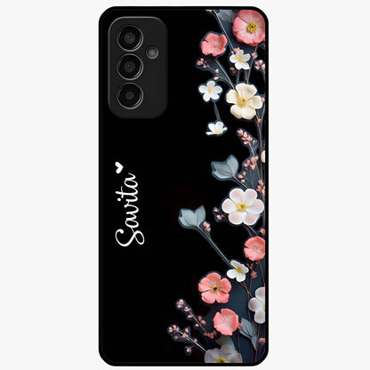 Black Elegance Floral Custom Name Glass Case showing flat back view with elegant floral artwork and personalized name design.