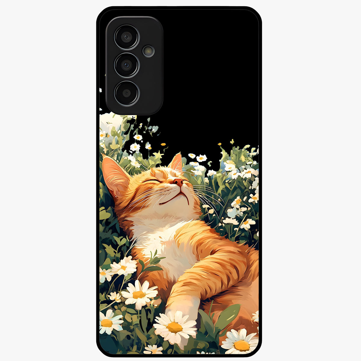 Blissful Bloom Cat Glass Case showing flat back view with cute cat and floral bloom artwork and glossy glass finish.