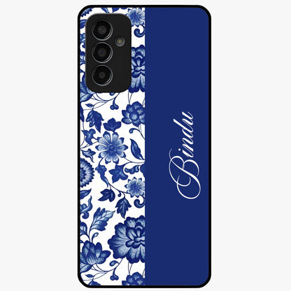 Blue Vintage Floral Pattern Glass Case upright view showcasing timeless floral illustration with vintage inspired style.