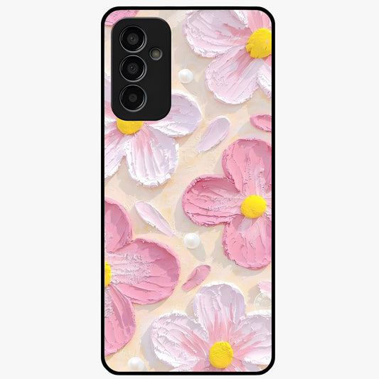 Blush Bloom Texture Glass Case showing flat back view with soft blush floral texture artwork and glossy glass finish.