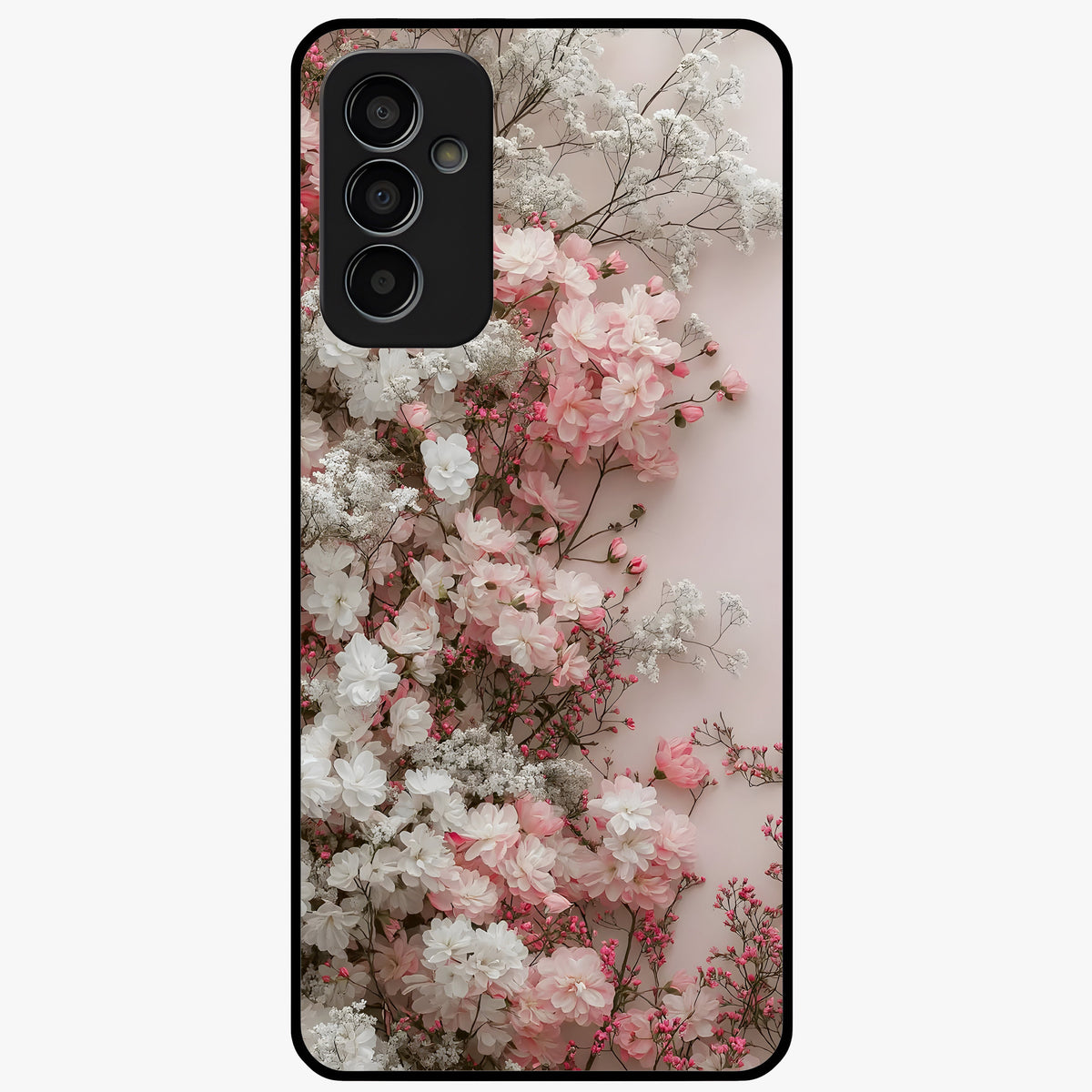 Blush Blossom Cloud Glass Case showing flat back view with dreamy blush cloud blossom artwork and glossy glass finish.