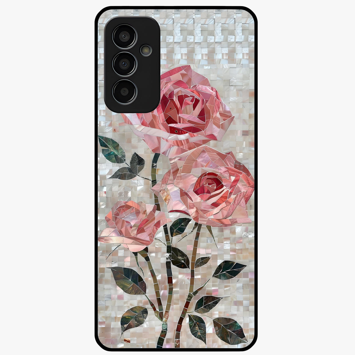 Blush Mosaic Bloom Glass Case showing flat back view with mosaic floral bloom artwork and glossy glass finish.
