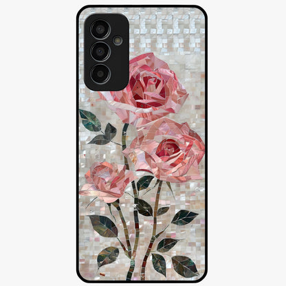 Blush Mosaic Bloom Glass Case showing flat back view with mosaic floral bloom artwork and glossy glass finish.