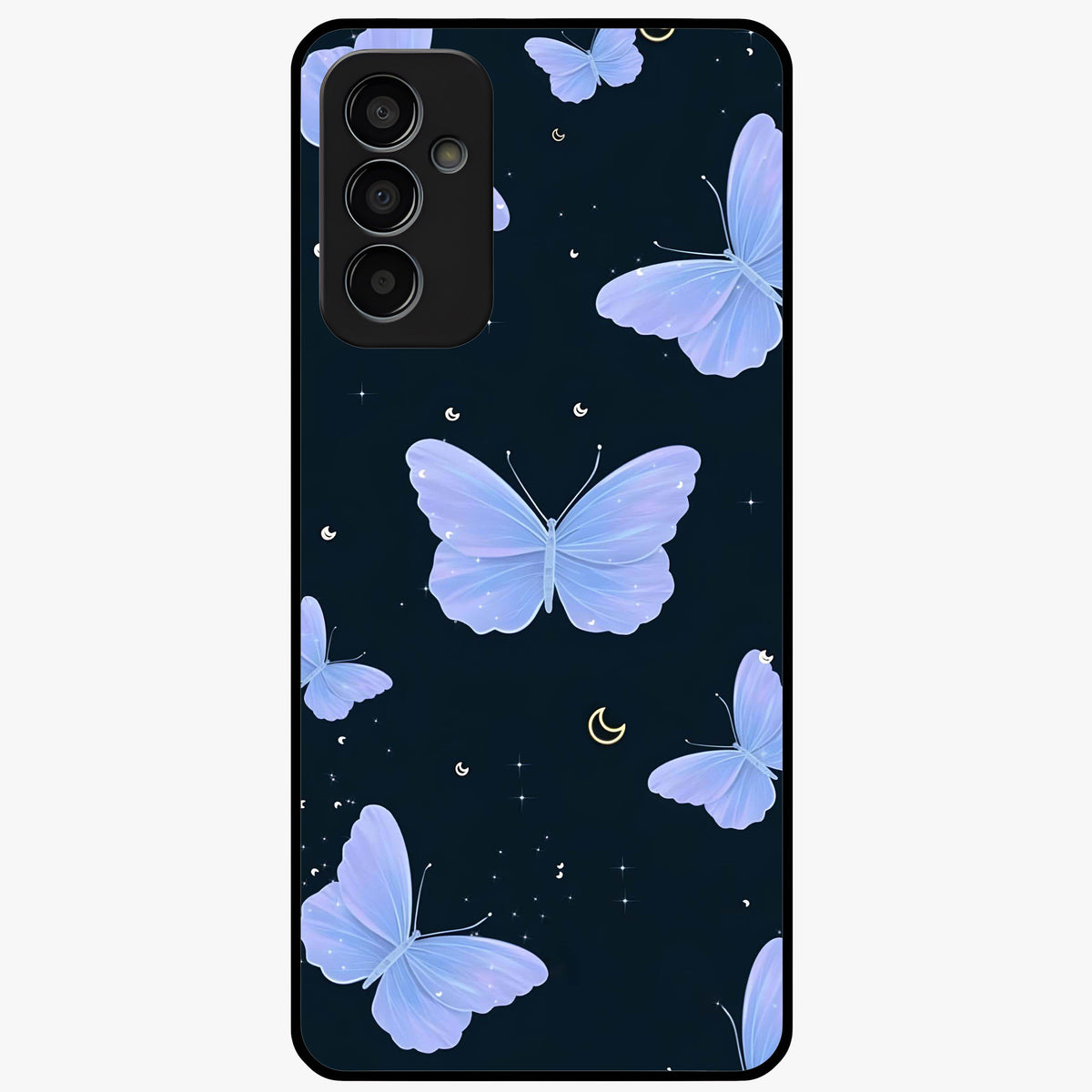 Butterfly With Stars Pattern Glass Case showing flat back view with butterfly and star pattern artwork and glossy glass finish.