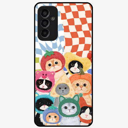 Cats in Fruits Glass Case showing flat back view with playful cat illustrations inside fruit artwork and glossy glass finish.