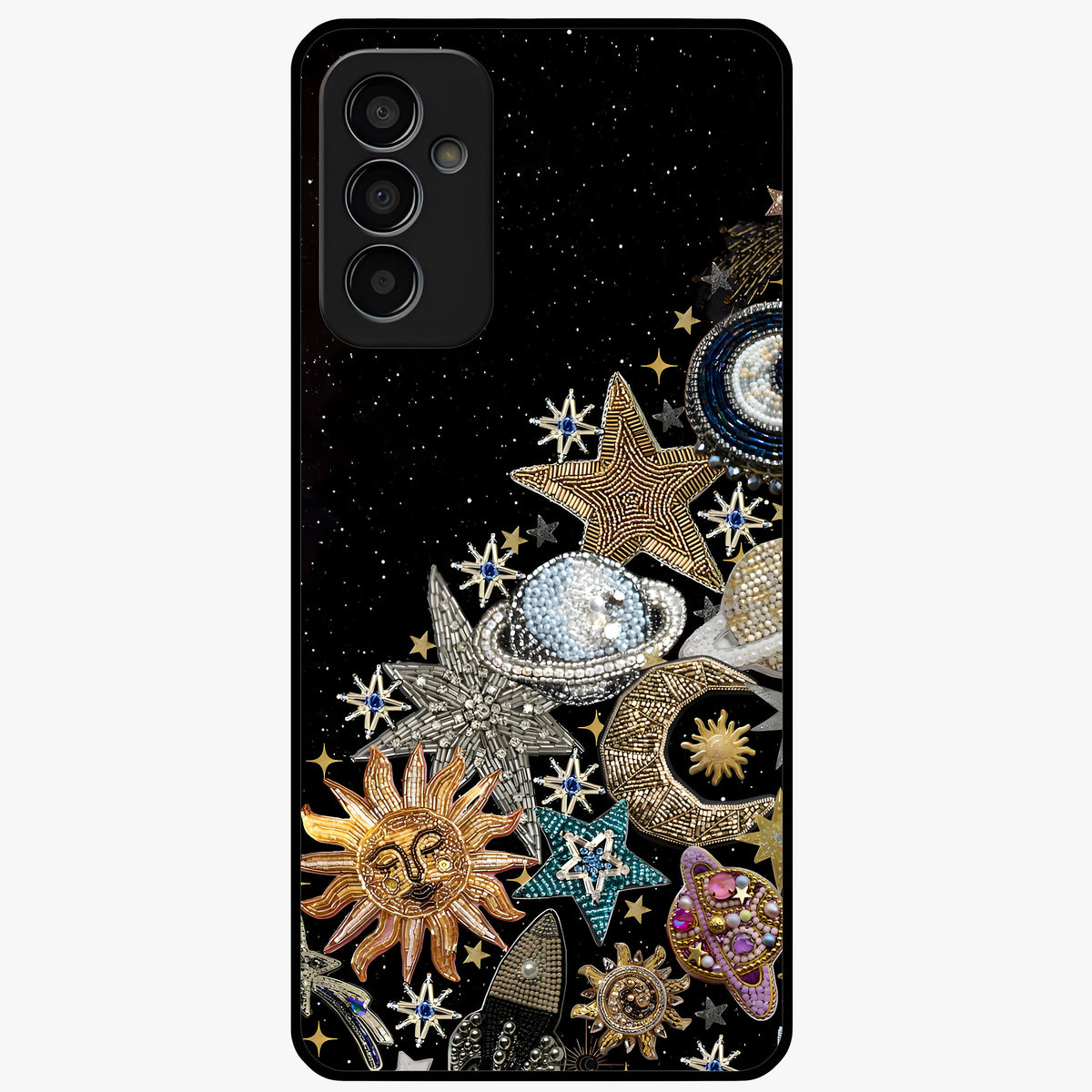 Cosmic Sparkle Dreams Glass Case showing flat back view with sparkling cosmic artwork and glossy glass finish.