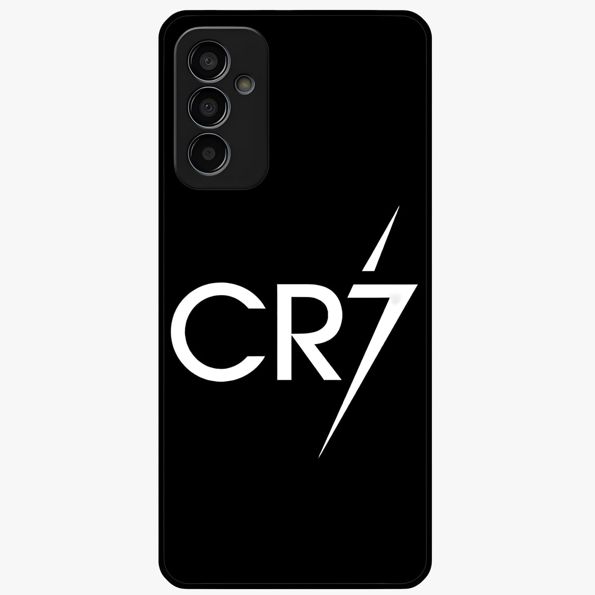 Cr7 Elite Strike Glass Case showing flat back view with dynamic football inspired artwork and glossy glass finish.