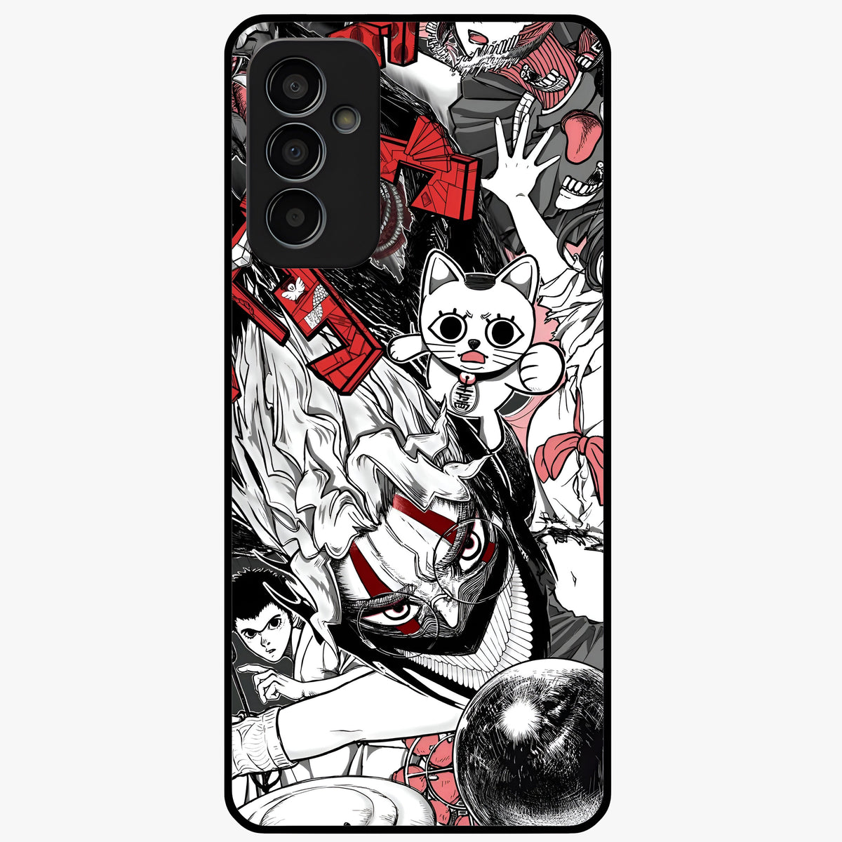 Crimson Chaos Panel Glass Case showing flat back view with bold crimson abstract artwork and glossy glass finish.