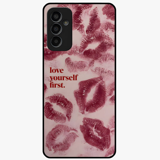 Crimson Kiss Love Glass Case showing flat back view with romantic crimson themed artwork and glossy glass finish.