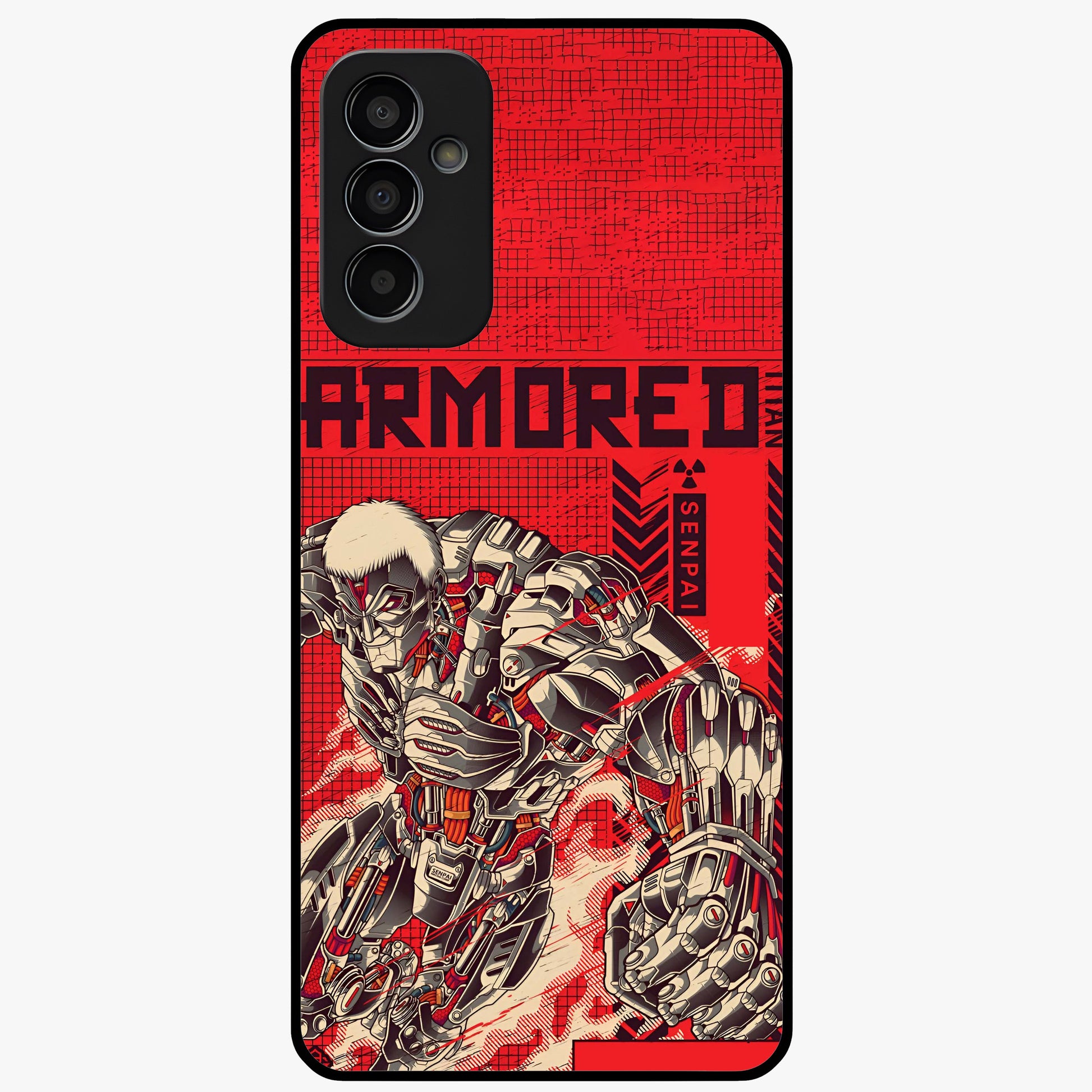 Crimson Mecha Titan Glass Case showing flat back view with powerful mech titan artwork and glossy glass finish.