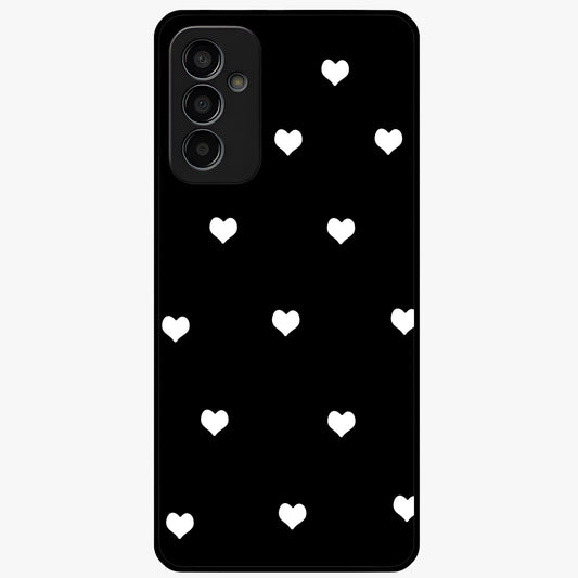Cute And Simple White Hearts Glass Case showing flat back view with minimal white heart pattern and glossy glass finish.