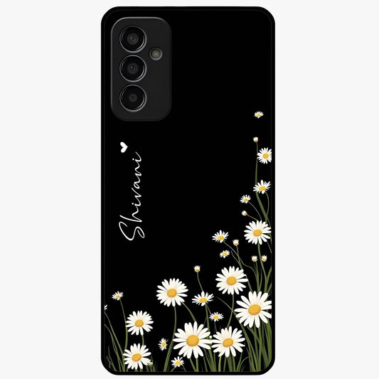 Daisy Cascade Custom Name Glass Case showing flat back view with cascading daisy flowers and personalized name design.