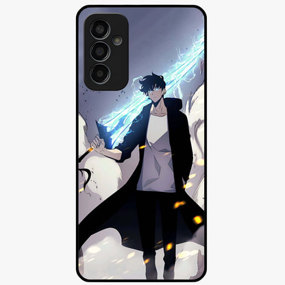 Dark Lightning Anime Warrior Glass Case showing flat back view with intense anime warrior artwork and glossy glass finish.