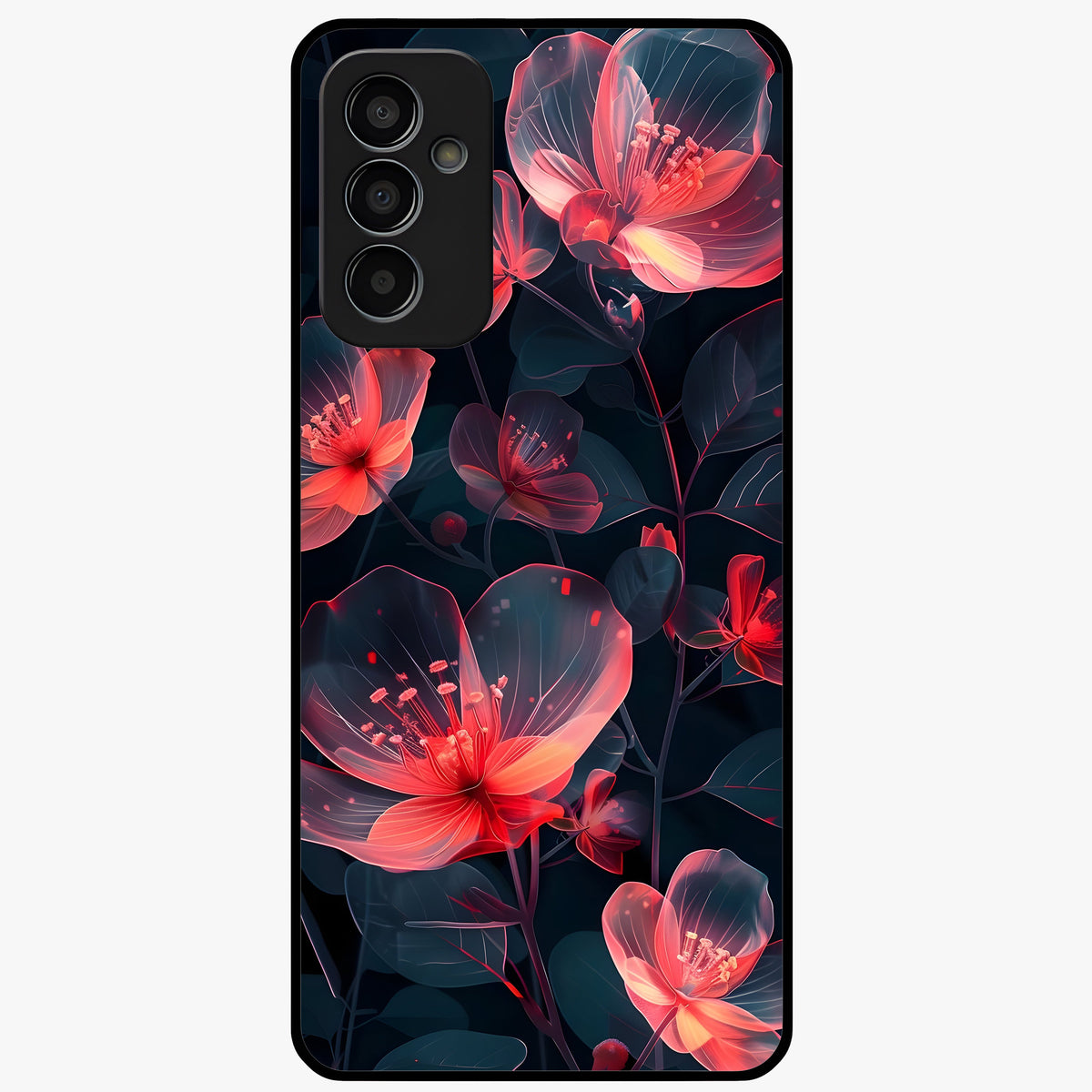 Dark Shade of Flower Glass Case showing flat back view with elegant dark floral artwork and glossy glass finish.