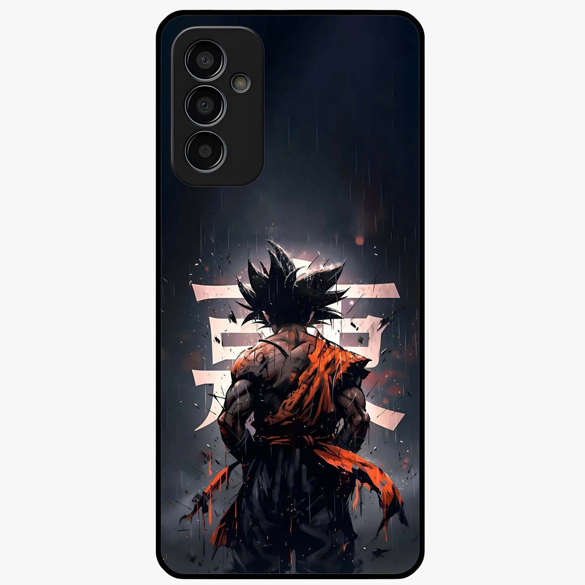 Dark Warrior In Rain Glass Case showing flat back view with warrior artwork in rainy atmosphere and glossy glass finish.