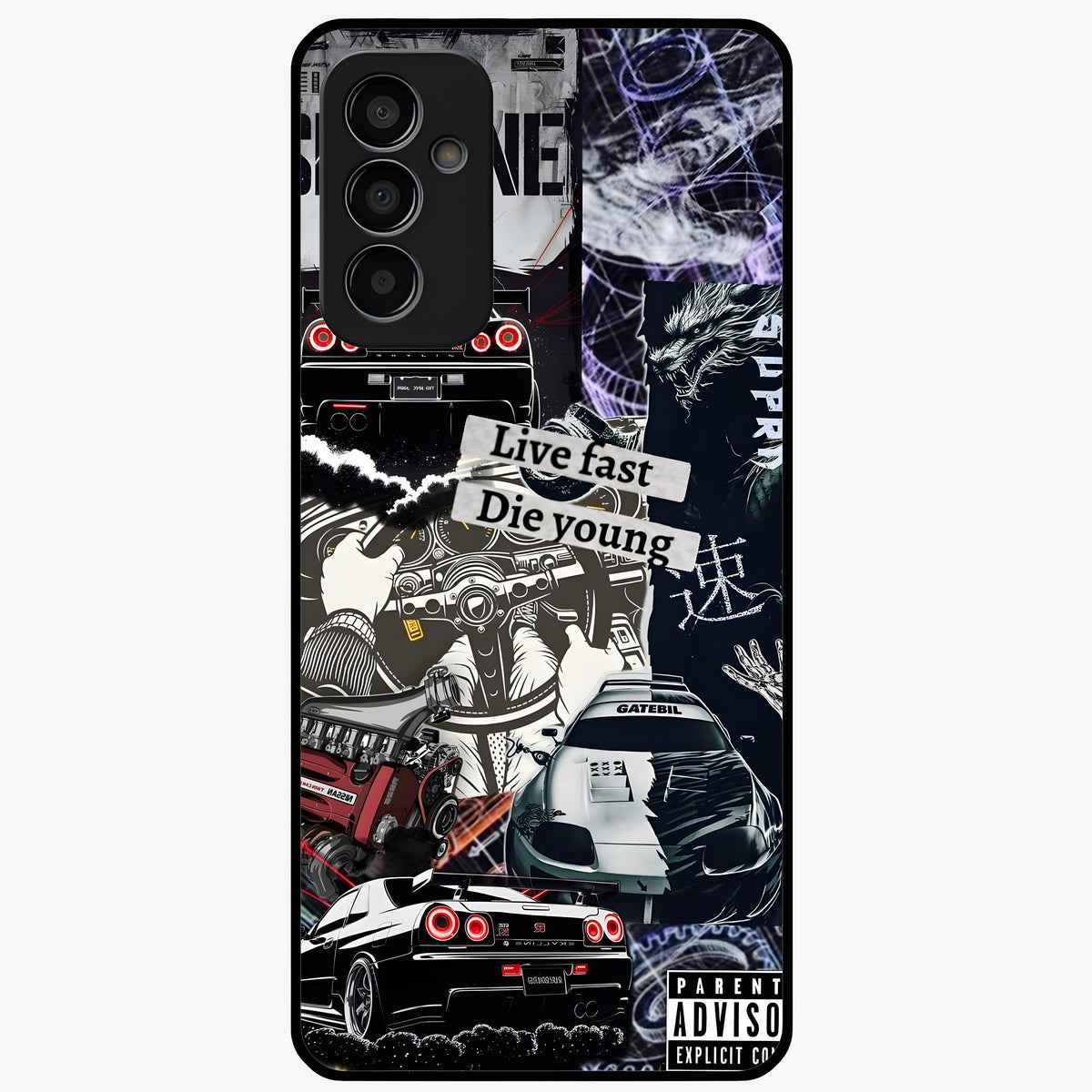 Die Young Glass Case showing flat back view with bold artistic typography design and glossy glass finish.