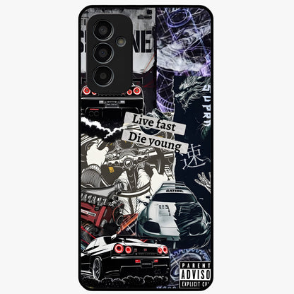Die Young Glass Case showing flat back view with bold artistic typography design and glossy glass finish.