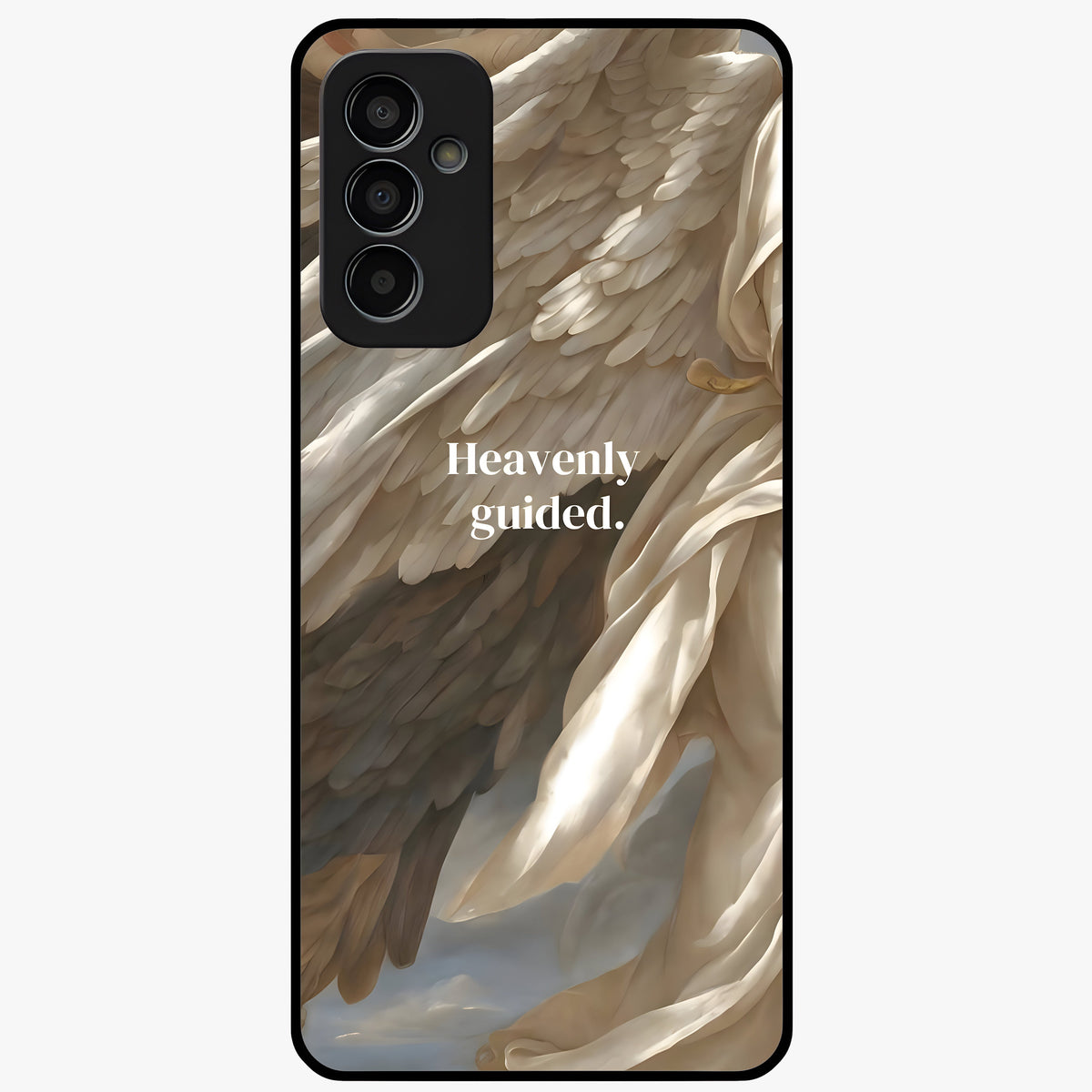 Divine Winged Grace Glass Case showing flat back view with elegant wing inspired artwork and glossy glass finish.