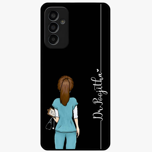 Doctor Pattern Custom Name Glass Case showing flat back view with medical themed pattern and personalized name design.