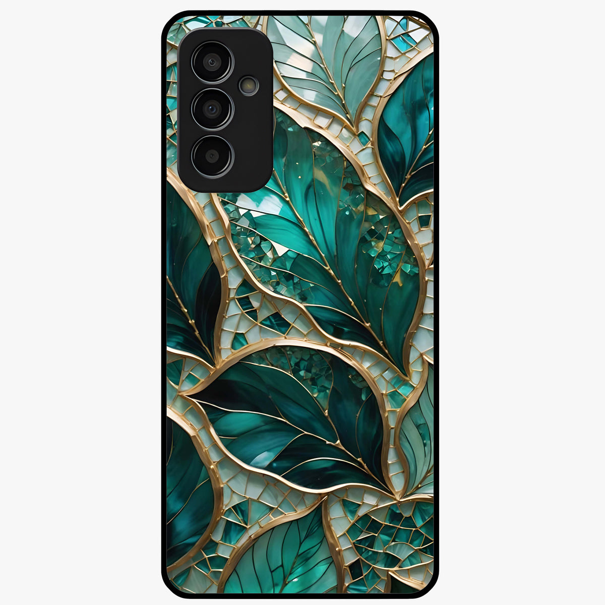 Emerald Leaf Glass Glass Case showing flat back view with emerald green leaf artwork and glossy glass finish.