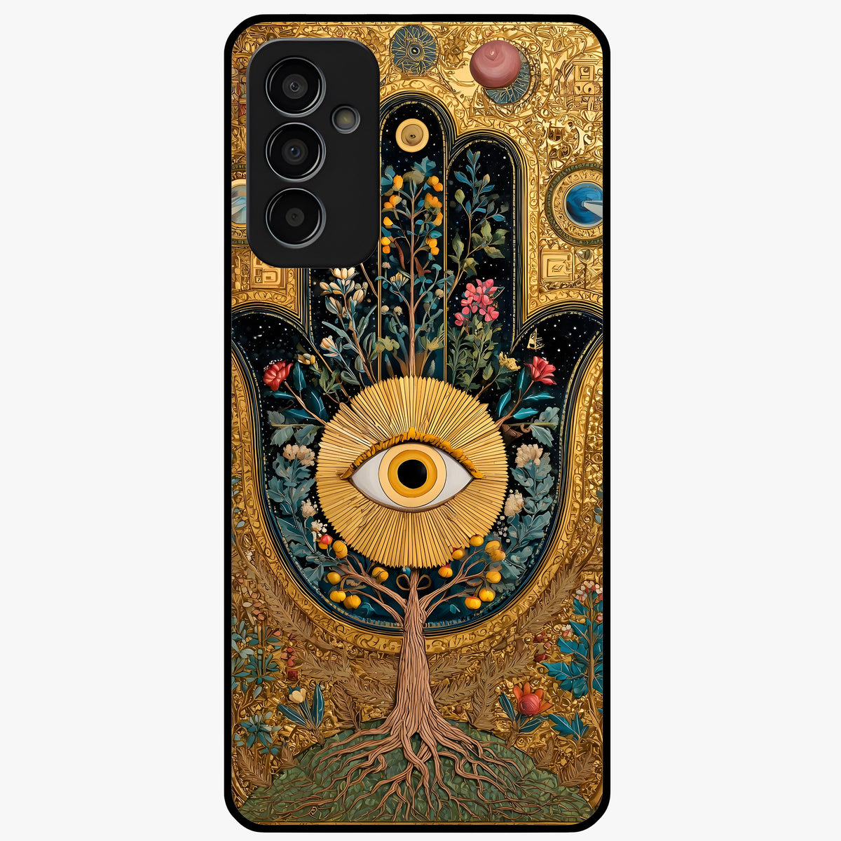 Ethereal Evil Eye Glass Case showing flat back view with mystical evil eye artwork and glossy glass finish.