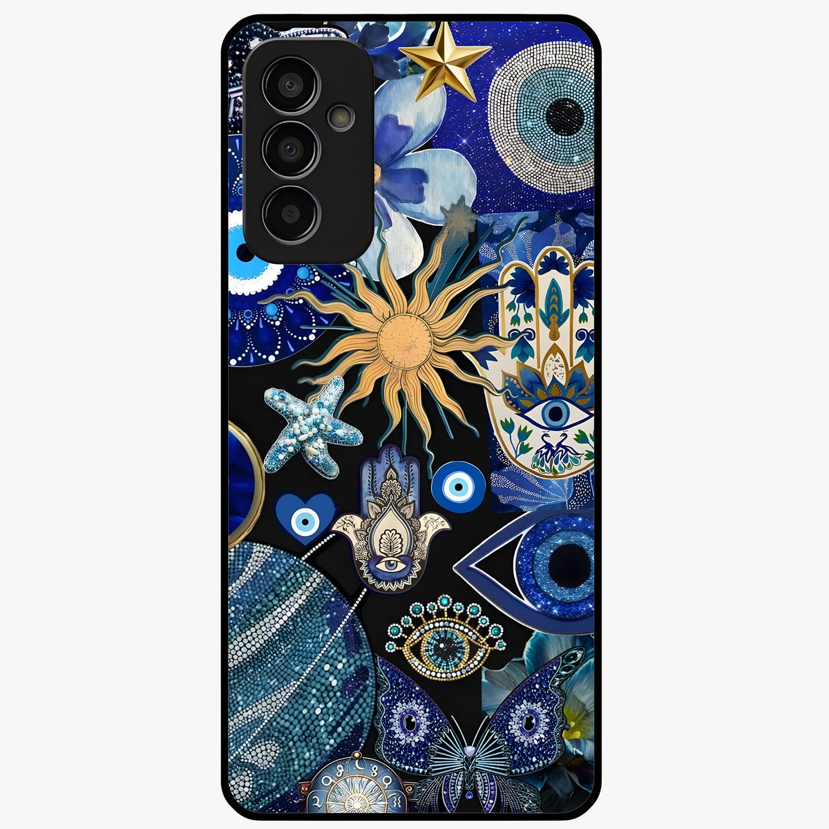 Evil Eye Charm Mix Glass Case showing flat back view with multiple evil eye charms artwork and glossy glass finish.