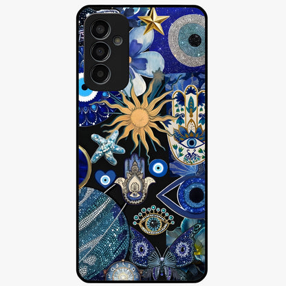 Evil Eye Charm Mix Glass Case showing flat back view with multiple evil eye charms artwork and glossy glass finish.