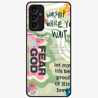 Faith Over Fear Glass Case showing flat back view with motivational typography artwork and glossy glass finish.